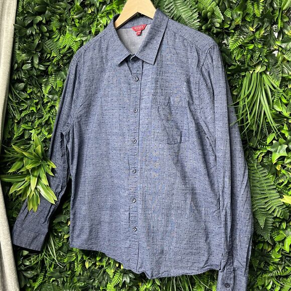 GUESS SHIRT Mens XL Blue Button Down Collared Chambray Denim Front Pocket 1813 - Picture 2 of 7